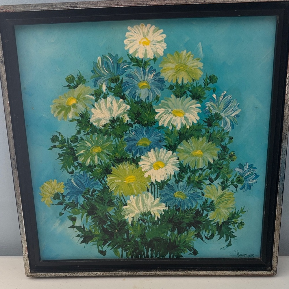 Mid-Century Modern Floral art on board in frame by F. Boucher